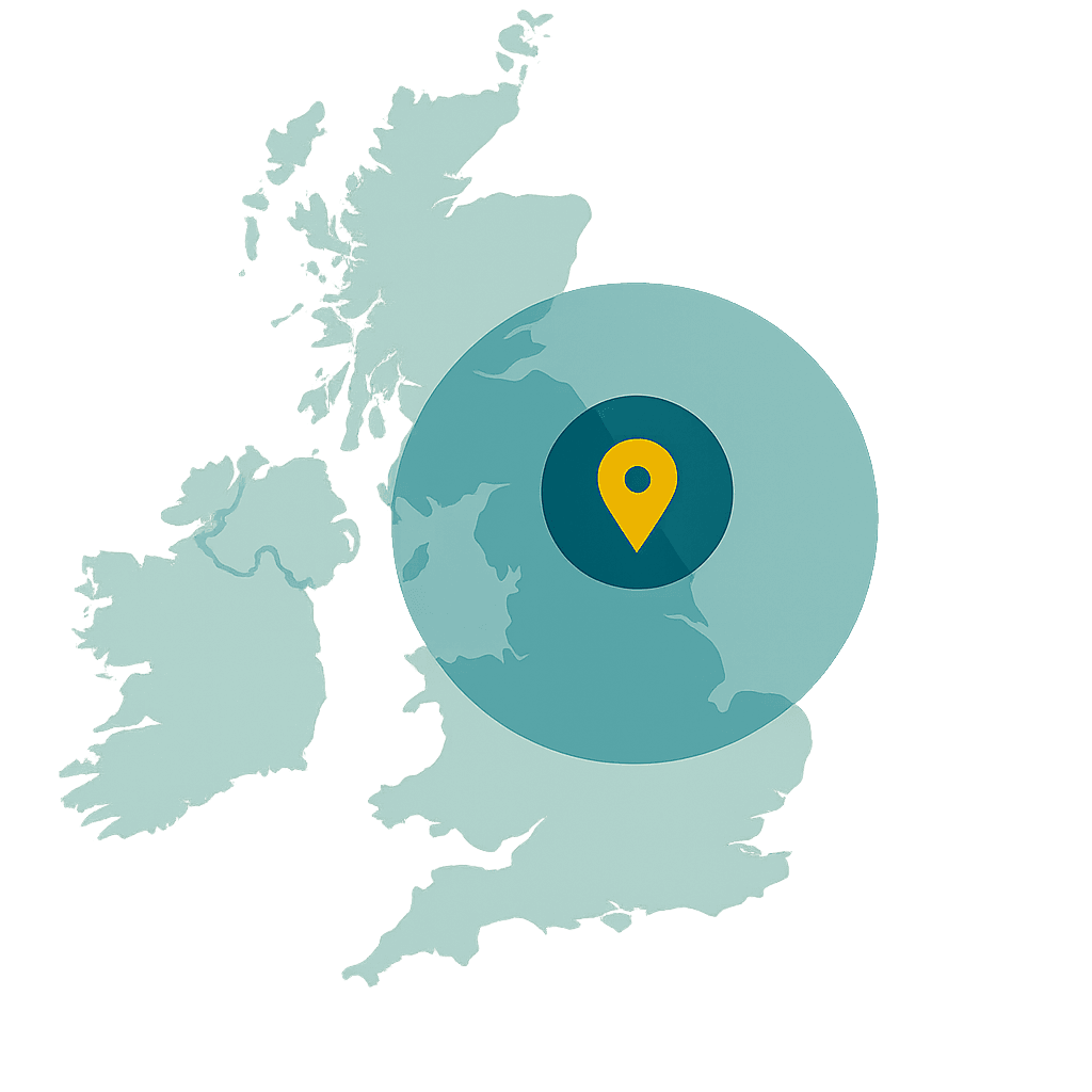 Service area map showing coverage in East Midlands and Yorkshire